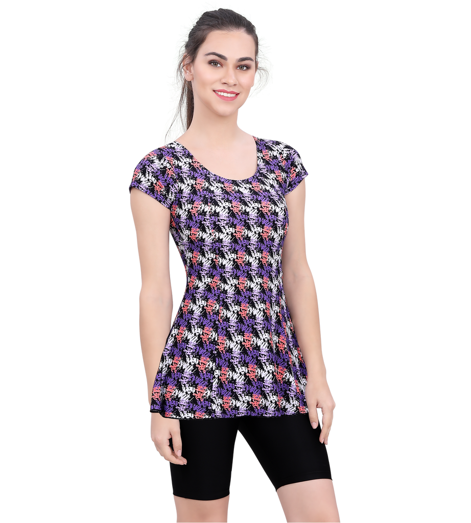 U BACK PRINTED SWIMDRESS (SLEEVE WITH CONTRAST UPPER KNEE LEG)