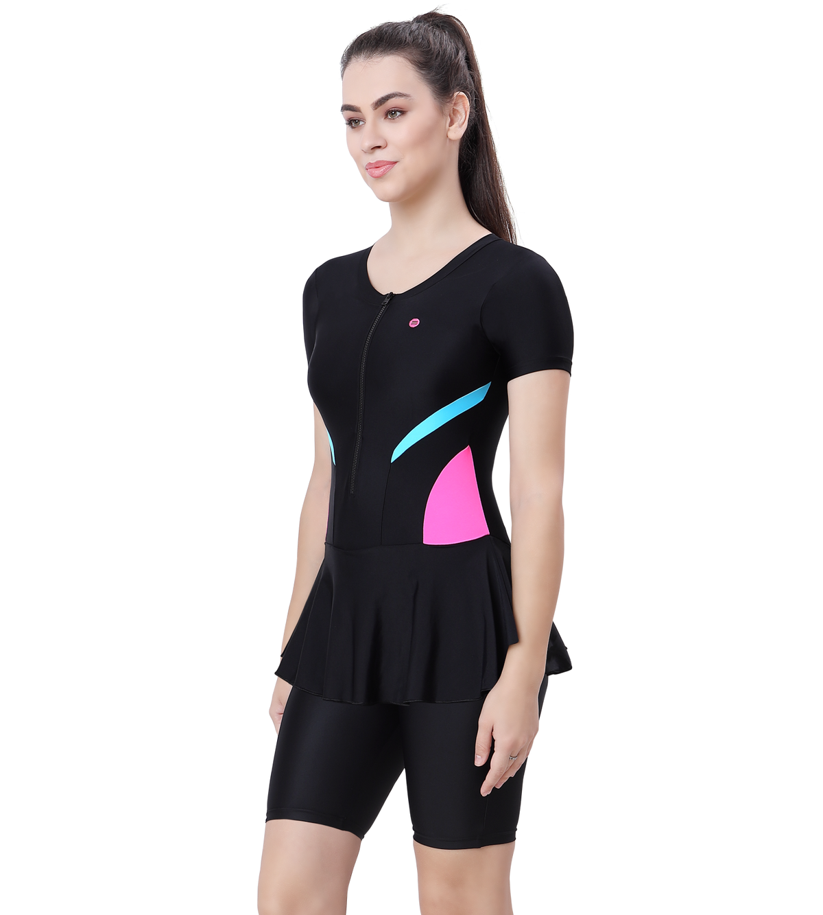 LACTRA UPPER KNEE LEG SUIT FRONT ZIP WITH CONTRAST SIDE PANEL