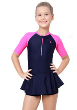 Load image into Gallery viewer, Close Back swimdress ( contrast Sleeve and front zip )