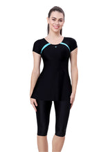 Load image into Gallery viewer, U- BACK SWIMDRESS ( SLEEVE WITH CONTRAST SIDE PANEL, KNEE LEG)