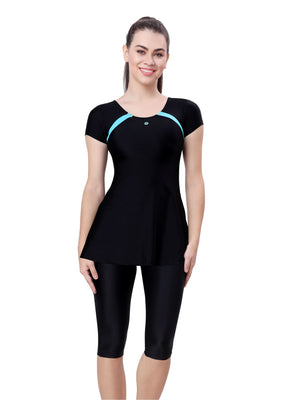 U- BACK SWIMDRESS ( SLEEVE WITH CONTRAST SIDE PANEL, KNEE LEG)