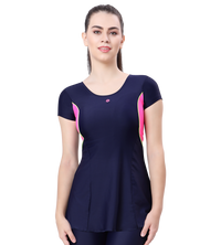 LACTRA U-BACK SWIMDRESS SLEEVE WITH CONTRAST SIDE PANEL, KNEE  LEG