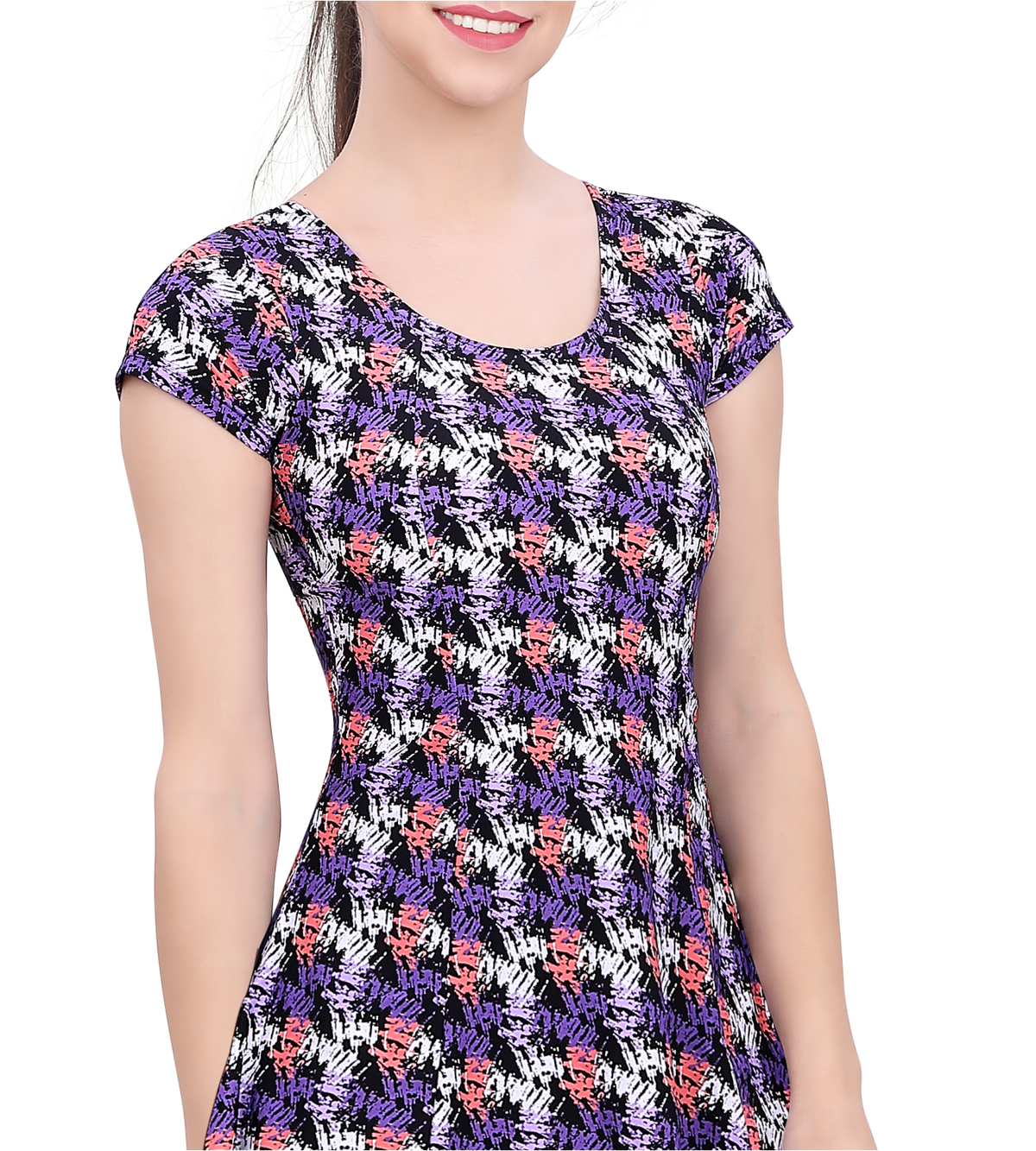 U BACK PRINTED SWIMDRESS SLEEVE WITH CONTRAST UPPER KNEE LEG