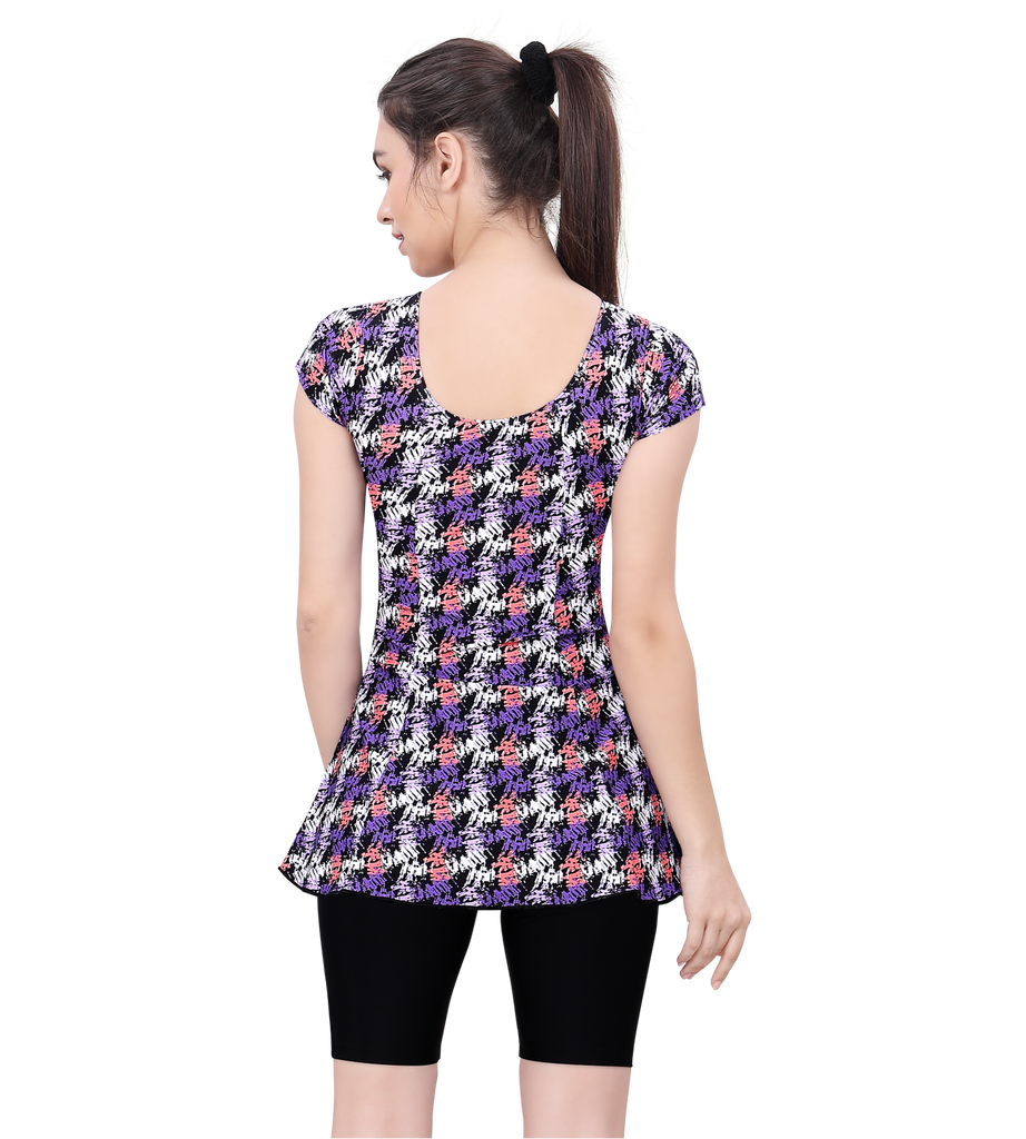 U BACK PRINTED SWIMDRESS (SLEEVE WITH CONTRAST UPPER KNEE LEG)