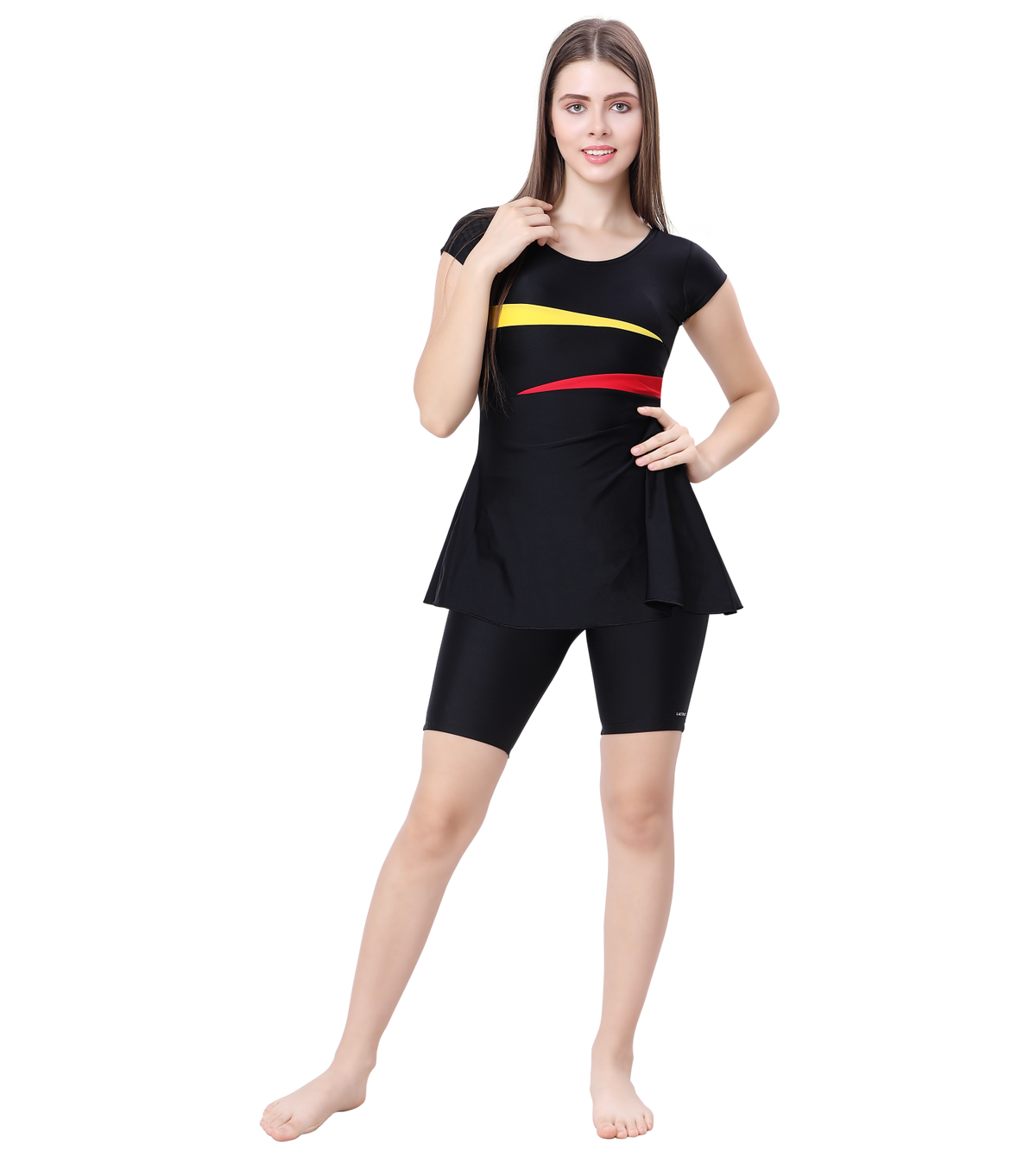 LACTRA U-BACK SWIMDRESS SLEEVE WITH CONTRAST SIDE PANEL, KNEE  LEG