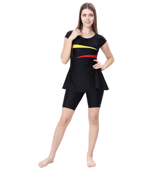 LACTRA U-BACK SWIMDRESS SLEEVE WITH CONTRAST SIDE PANEL, KNEE  LEG