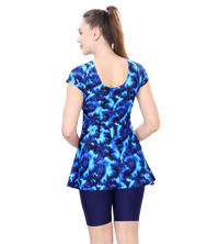 U BACK PRINTED SWIMDRESS SLEEVE WITH CONTRAST UPPER KNEE LEG