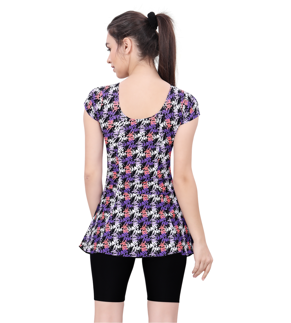 U BACK PRINTED SWIMDRESS SLEEVE WITH CONTRAST UPPER KNEE LEG