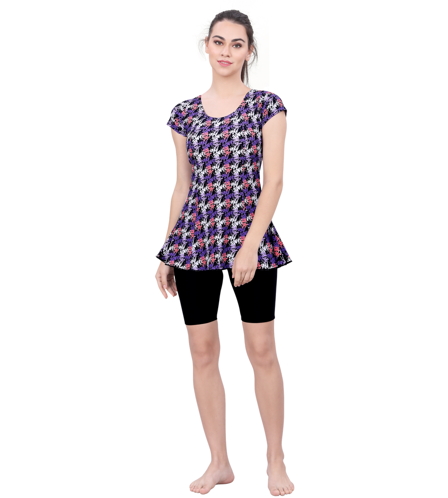 U BACK PRINTED SWIMDRESS (SLEEVE WITH CONTRAST UPPER KNEE LEG)