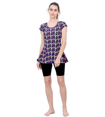 U BACK PRINTED SWIMDRESS (SLEEVE WITH CONTRAST UPPER KNEE LEG)