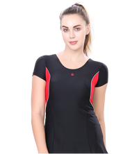 LACTRA U-BACK SWIMDRESS SLEEVE WITH CONTRAST SIDE PANEL, KNEE  LEG