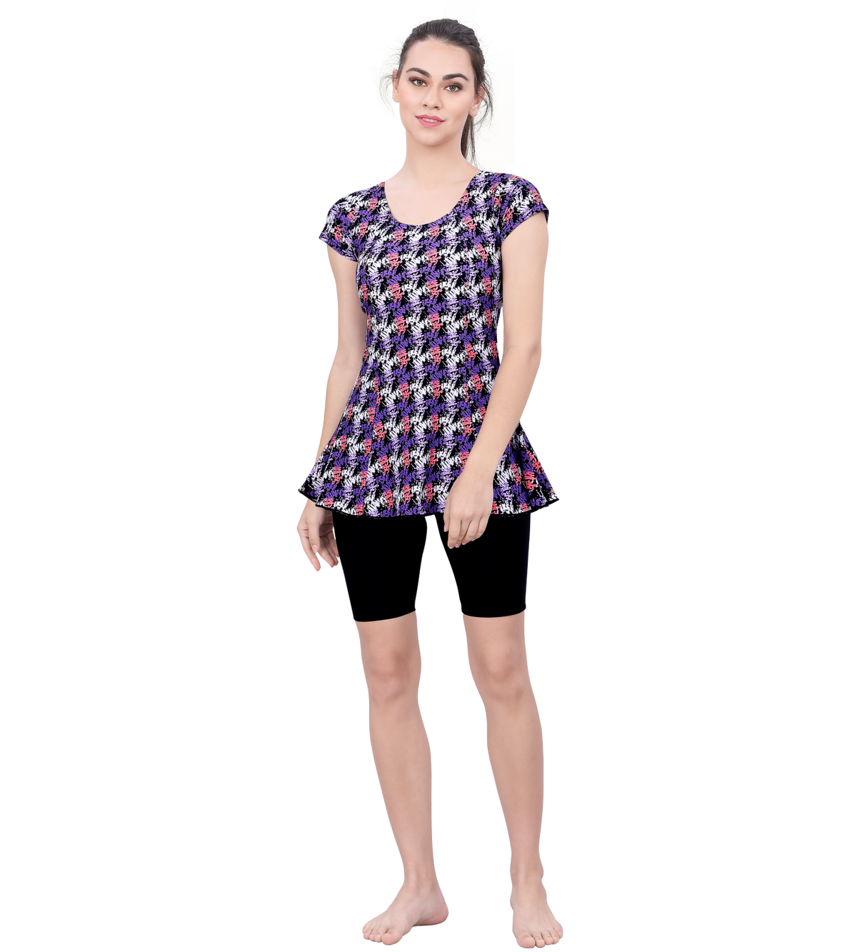 U BACK PRINTED SWIMDRESS SLEEVE WITH CONTRAST UPPER KNEE LEG