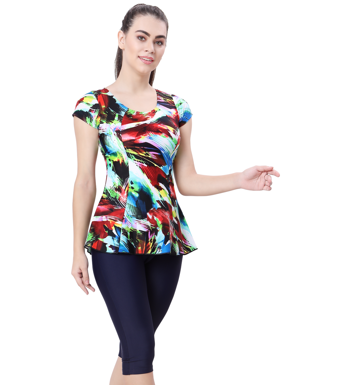 LACTRA U-BACK SWIMDRESS SLEEVE WITH CONTRAST KNEE LEG