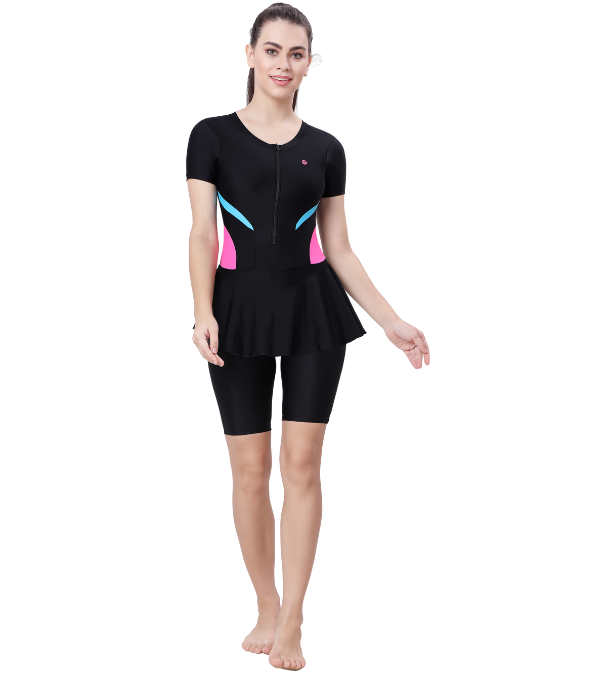 LACTRA UPPER KNEE LEG SUIT FRONT ZIP WITH CONTRAST SIDE PANEL