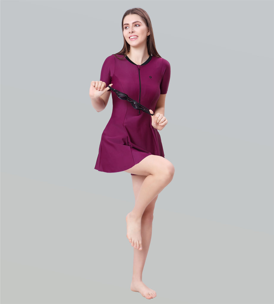 Women Swimdress Boyleg With Front Zip